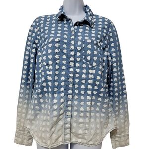 Mossimo | Heart Print Chambray Button Front Shirt Blue Denim Ombre Cotton